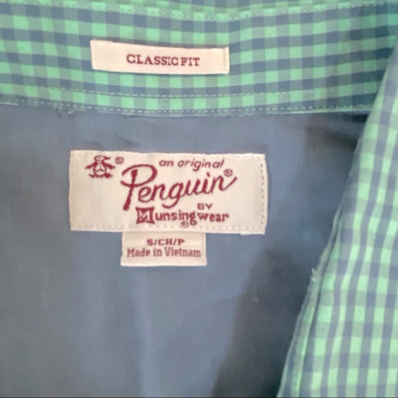 Penguin Men  Collared Shortsleeve button Shirt Mint Green/Light Blue Checked - Picture 3 of 6